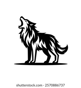 Vector silhouette black Howling Wolf in the jungle. Abstract vector wolf icon design. Animal Illustration flat logo Isolated on white background.