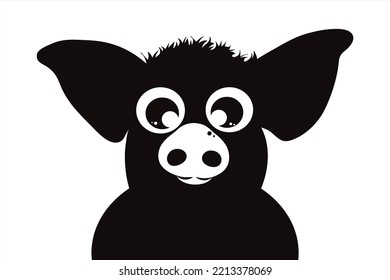 Vector silhouette of black pig with white eyes and muzzle. Symbol of cattle and animal on white background. Staring piglet.