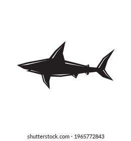 Vector silhouette black shark image. Abstract shark icon design. Animal sea shark design flat vector illustration isolated on white background. Editable templates shark clip art symbol stylized shape.