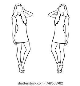 Vector silhouette of black and white outline drawing of two girls in dresses , a sketch.