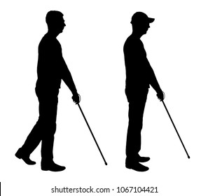 Vector silhouette of a blind disabled man with a cane in his hand. The concept of blind people with disabilities