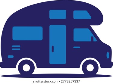 Vector silhouette of blue campervan, side view. Motorhome with darker blue windows and door. Mobile home, recreational vehicle.