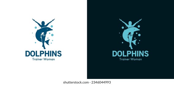 Vector silhouette of blue dolphin and woman silhouette for dolphin performing arts logo design