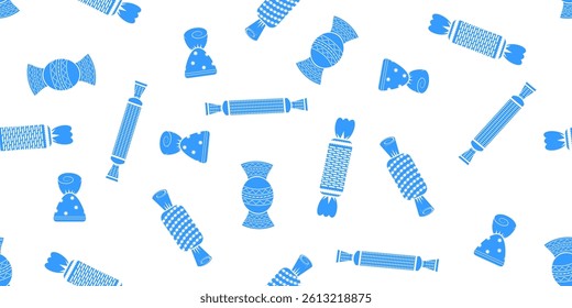 Vector silhouette blue seamless candy texture. Sweet food template. Sugar caramel in wrapper. Dessert symbol on white background.