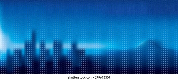 Vector silhouette blurred image of the city and mountains in blue