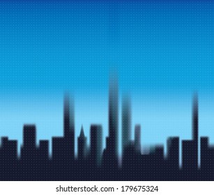 Vector silhouette blurred image of the city in blue fog