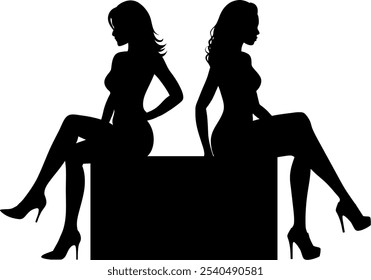 Cuerpo de silueta de Vector 2 mujeres jóvenes sentadas y esperando - Sexy posando con tacones altos - elemento gráfico de diseño aislado