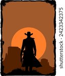 Vector silhouette body cowboy with coat, gun and hat - Western landscape Arizona at sunset - Culture America