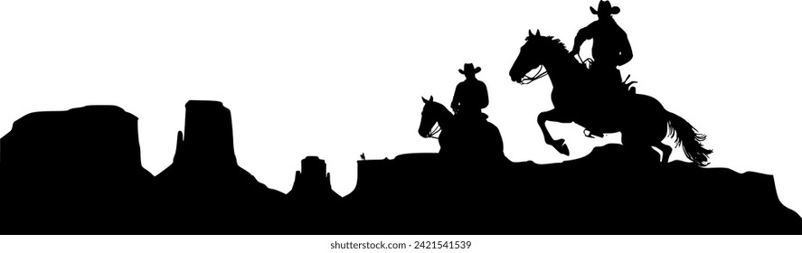 Vector Silhouette Body Cowboys - Rider on wild horses - Western Landscape Arizona - Free and Wild Freedom