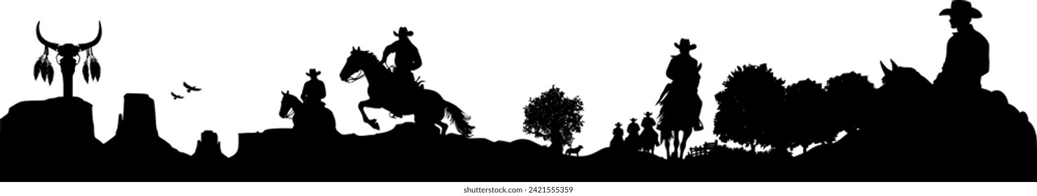 Vector Silhouette Body Cowboys - Rider on wild horses - Western Landscape Arizona - Free and Wild Freedom