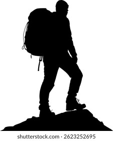 Vector silhouette body design element - mountaineer hiker on the summit - rocks and mountains - outdoor adventure