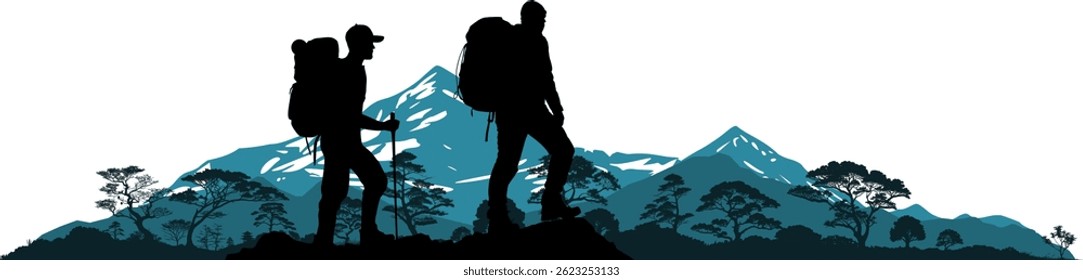 Vektor Silhouette Body Design Element - Zwei Bergsteiger Wanderer - Landschaft mit Bergen und Felsen - Schöne Sicht auf die Berge