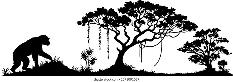 Vector silhouette - body gorilla in exotic rainforest - landscape with trees lianas and plants in the jungle