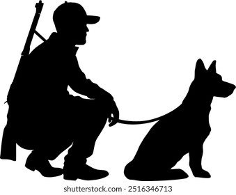  Vector silhouette body - Hunter crouching with his hunting dog - On the hunt - Rifle on his back