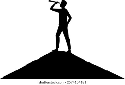 Vector silhouette body - man standing on a hill and looking with a telescope