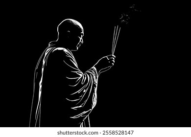 Vector silhouette body monk with incense stick outline on black background - balance concentration and harmony in balance - tradition and faith