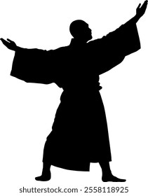 Vector silhouette body monk with raised arms in robe - balance concentration and harmony in balance - tradition and faith - simplicity