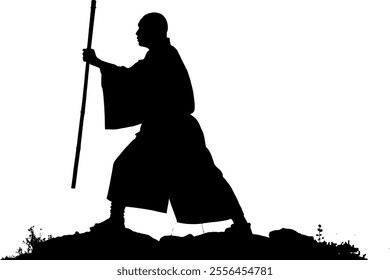 Vector silhouette body monk with staff in hand - Religion and way of life in Asia