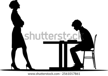 Vector silhouette body - school - pupil sitting on the chair - teacher standing in front of the table