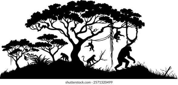 Vector silhouette body wildlife and nature - monkeys in the trees - landscape forest rainforest and jungle - design element isolated