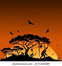 Vector silhouette body wildlife and nature - monkeys in the trees - landscape forest rainforest and jungle with birds in front of the setting sun