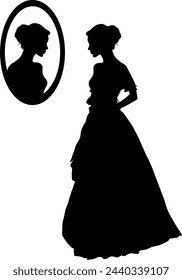  Vector silhouette body young woman - mirror reflection beauty and character - past - historical clothes