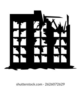 Silueta de Vector de un edificio de gran altura bombardeado o colapsado visto desde ángulos laterales, afectado por la guerra o el desastre, que muestra paredes desmoronadas, escombros e inestabilidad estructural. Fondo transparente