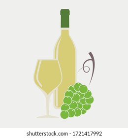 Silueta vectorial de una botella de vino blanco, una copa de vino y un montón de uvas sobre un fondo blanco. Plantilla, icono o logotipo para su diseño.