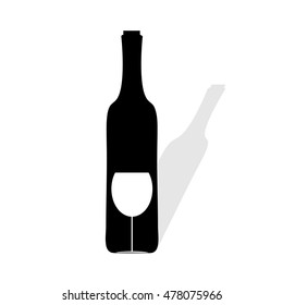 Vector silhouette of bottle of wine on white background.