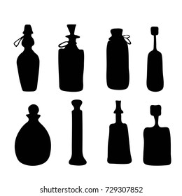 Vector silhouette bottles doodle collection. Set of hand drawn black silhouette bottles and  jars isolated.