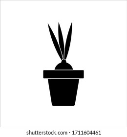 Vector silhouette of a bow with feathers in a pot on a white background, healthy food. Vegetable culture in the garden. Flat design of the item without filling. Vector and stock illustration.