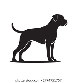 Vector silhouette of Boxer dog standing in alert pose isolated on white background for pet branding