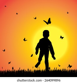 Vector silhouette of a boy with butterflies.