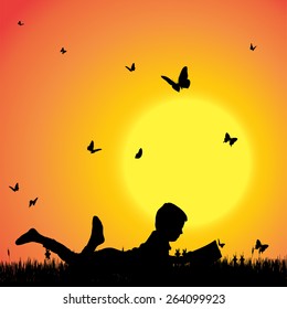 Vector silhouette of a boy with butterflies.