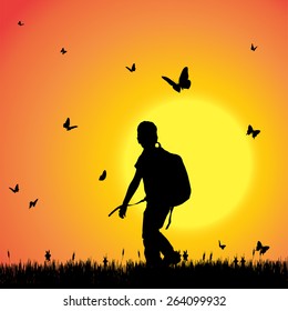 Vector silhouette of a boy with butterflies.