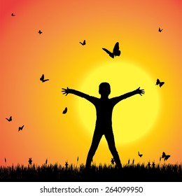 Vector silhouette of a boy with butterflies.