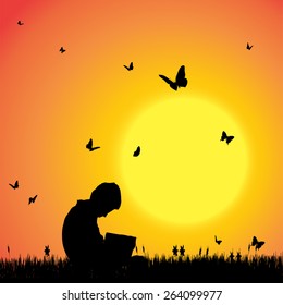 Vector silhouette of a boy with butterflies.
