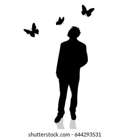 Vector silhouette of boy with butterfly on white background.