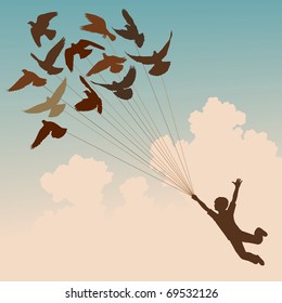 Vector silhouette of a boy carried by flying pigeons