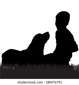 Vector silhouette of a boy with a dog.