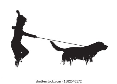 Vector silhouette of boy with dog in the grass on white background. Symbol of people, child, animal, pet, training, nature, park, garden.