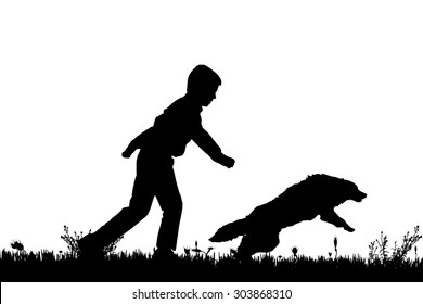 Vector silhouette of a boy with a dog on a white background.