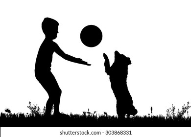 Vector silhouette of a boy with a dog on a white background.