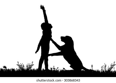 Vector silhouette of a boy with a dog on a white background.