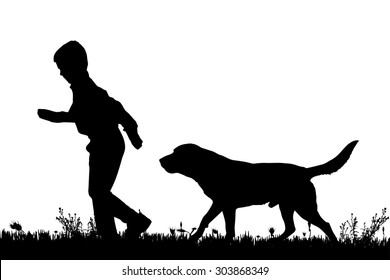 Vector silhouette of a boy with a dog on a white background.