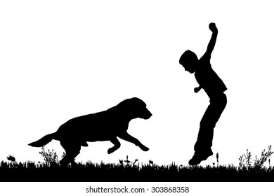 Vector silhouette of a boy with a dog on a white background.