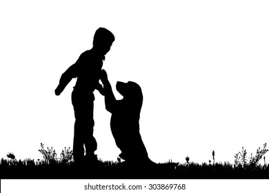 Vector silhouette of a boy with a dog on a white background.