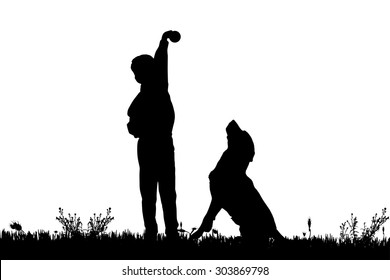 Vector silhouette of a boy with a dog on a white background.