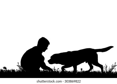 Vector silhouette of a boy with a dog on a white background.