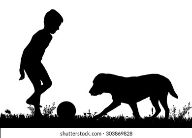 Vector silhouette of a boy with a dog on a white background.